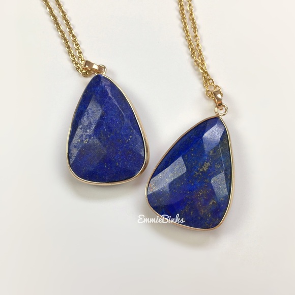 New Faceted Genuine Lapis Lazuli Triangular Pendant Necklace ~ Gold Plated Stone - Picture 2 of 11